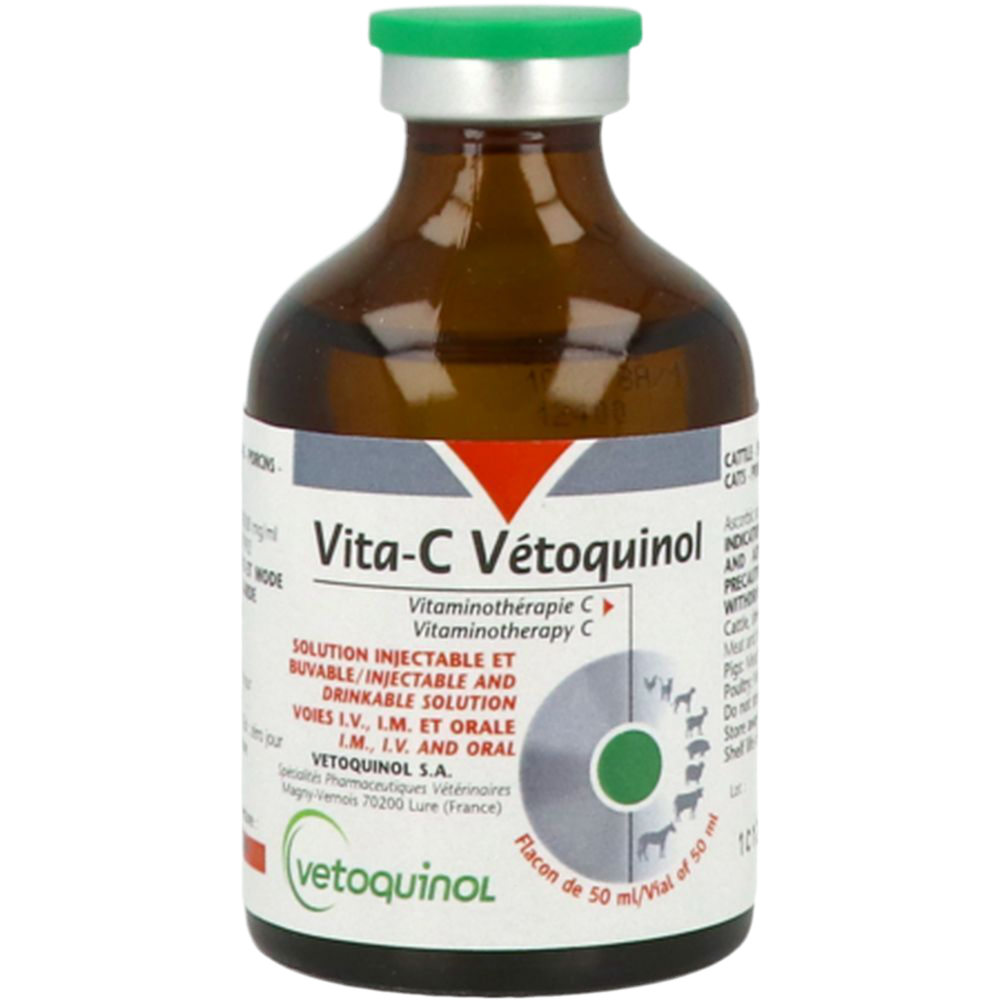 VITA-C® by Vetoquinol, high-potency vitamin C (200 mg/ml) solution for horses, cattle, pets & poultry. Injectable or oral use. Trusted veterinary support.