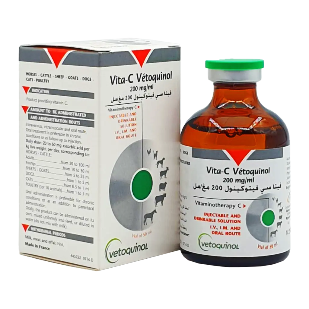 VITA-C® by Vetoquinol, high-potency vitamin C (200 mg/ml) solution for horses, cattle, pets & poultry. Injectable or oral use. Trusted veterinary support.