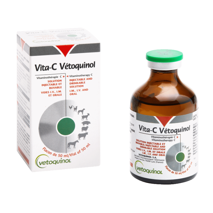 VITA-C® by Vetoquinol, high-potency vitamin C (200 mg/ml) solution for horses, cattle, pets & poultry. Injectable or oral use. Trusted veterinary support.
