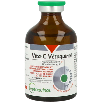 VITA-C® by Vetoquinol, high-potency vitamin C (200 mg/ml) solution for horses, cattle, pets & poultry. Injectable or oral use. Trusted veterinary support.