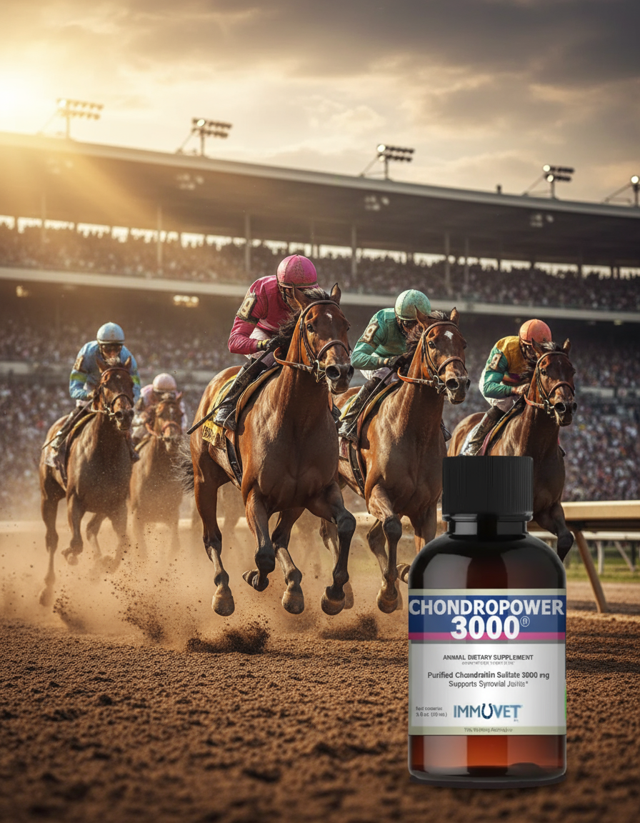 Horses racing on a track with a bottle of Chondropower 3000 IMMUVET in the foreground.