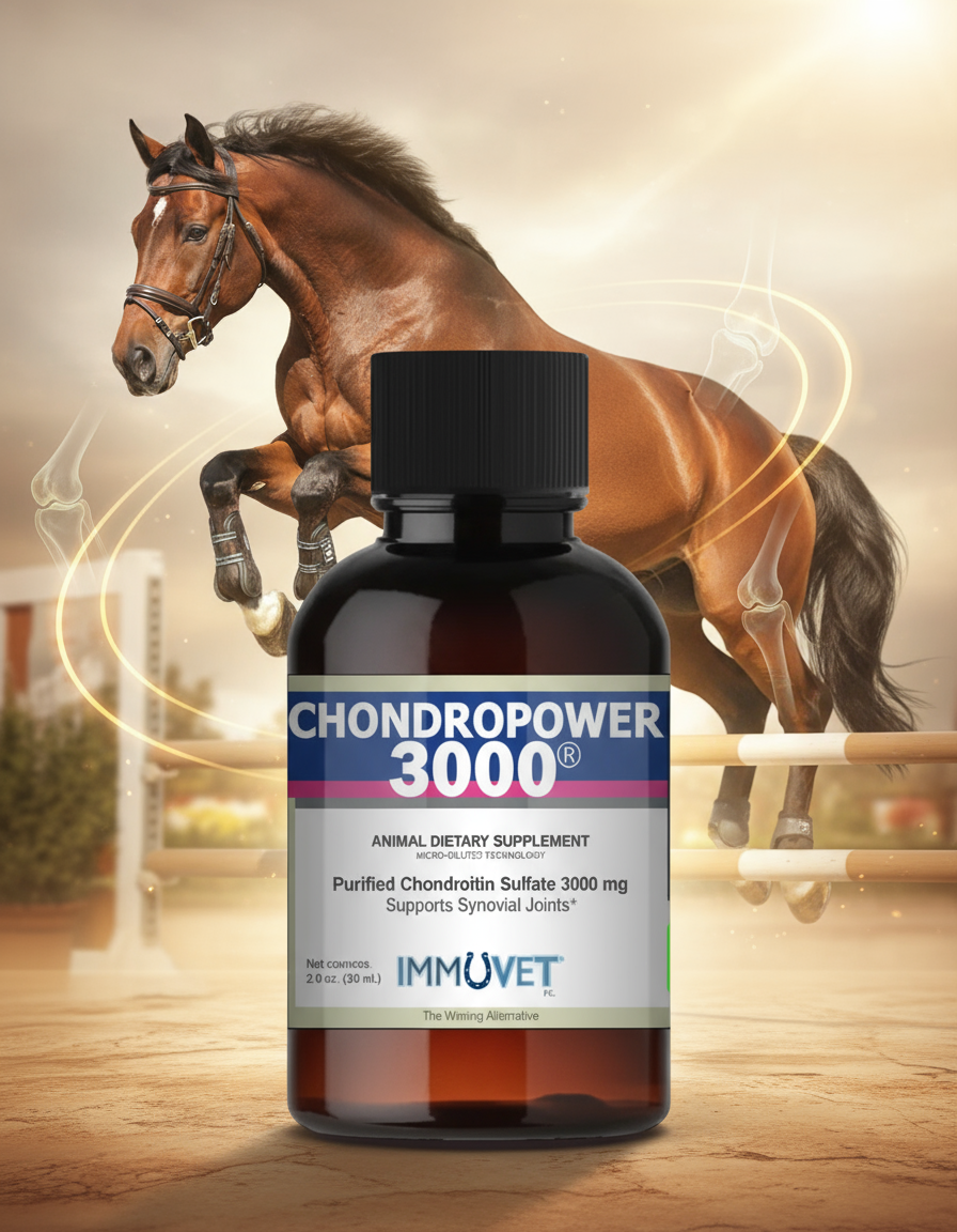 Bottle of Chondropower 3000 supplement with a horse in the background