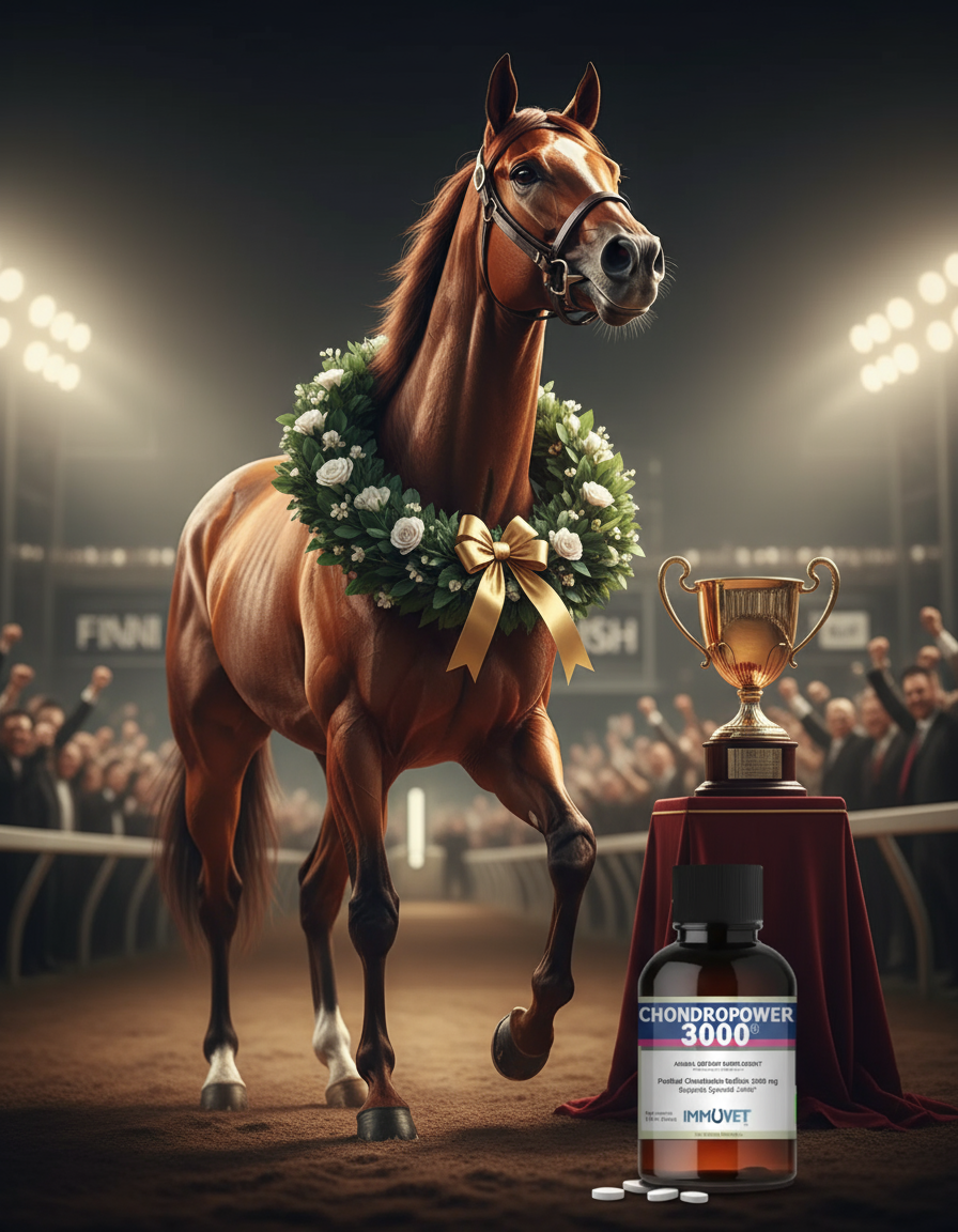 Horse with a wreath and trophy on a racetrack, Chondropower 3000 supplement bottle and pills in front