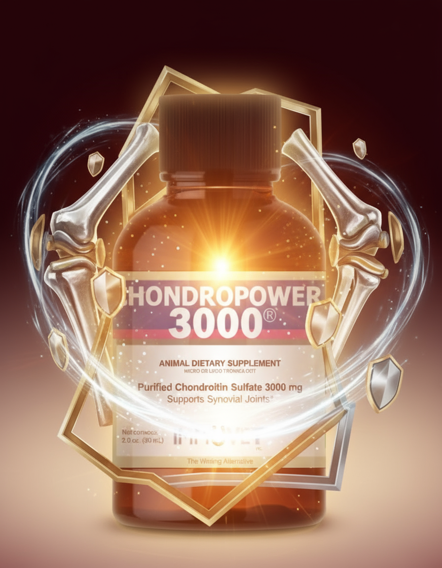 Hondropower 3000 animal dietary supplement bottle with bone and joint design elements on a dark background