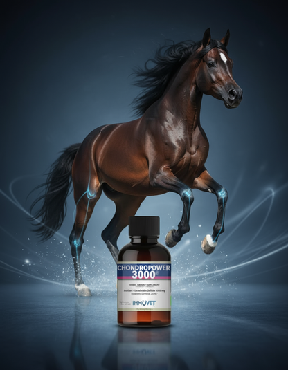 Bottle of Immuvet Chondropower 3000 with a horse in the background