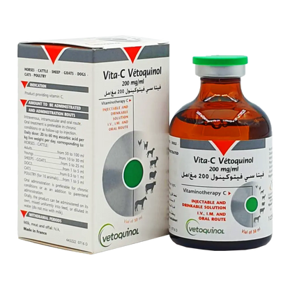 VITA-C® by Vetoquinol, high-potency vitamin C (200 mg/ml) solution for horses, cattle, pets & poultry. Injectable or oral use. Trusted veterinary support.