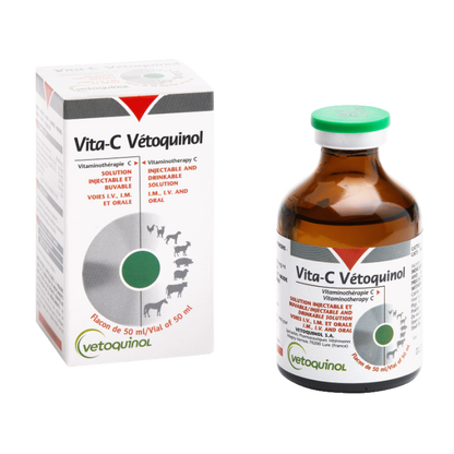 VITA-C® by Vetoquinol, high-potency vitamin C (200 mg/ml) solution for horses, cattle, pets & poultry. Injectable or oral use. Trusted veterinary support.