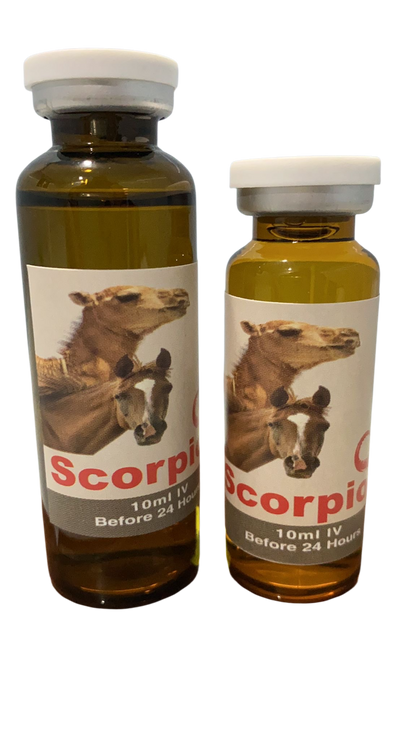 Scorpion® is a natural and herbal-based pain reliever for racing animals. It is available in two sizes: 100 ml and 20 ml ampoules.
