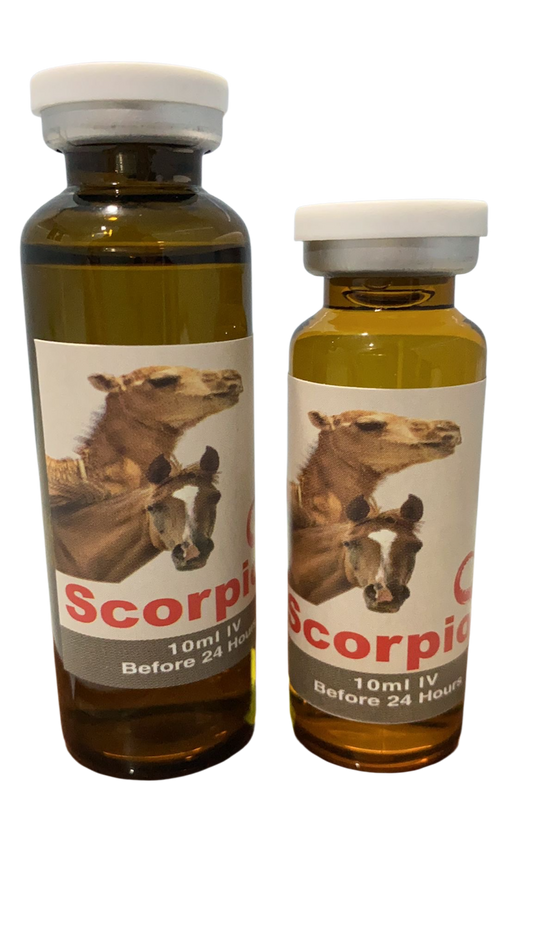 Scorpion® is a natural and herbal-based pain reliever for racing animals. It is available in two sizes: 100 ml and 20 ml ampoules.